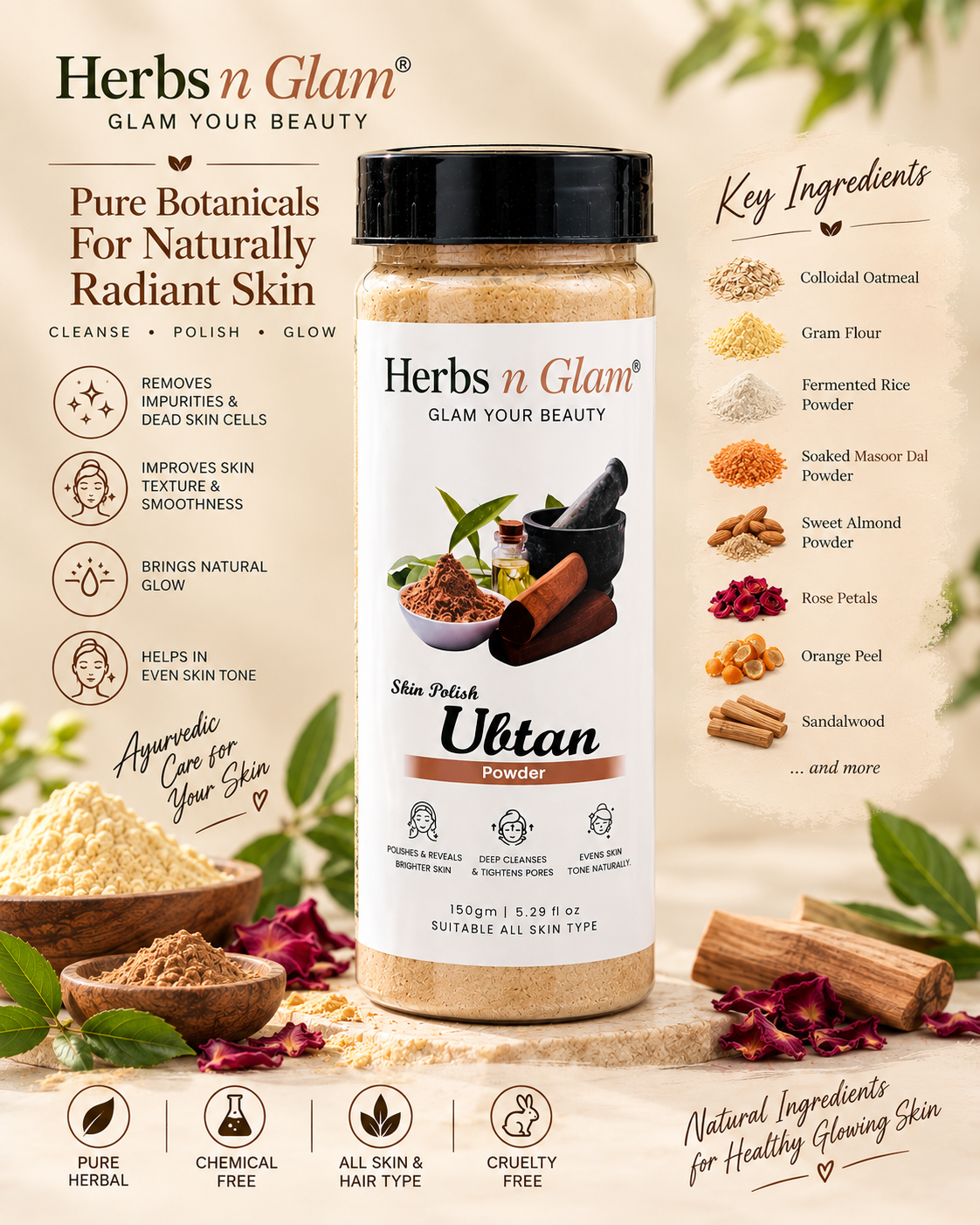 Ubtan Powder – Natural Face Pack & Body Scrub with Sandalwood, Almond & Rose